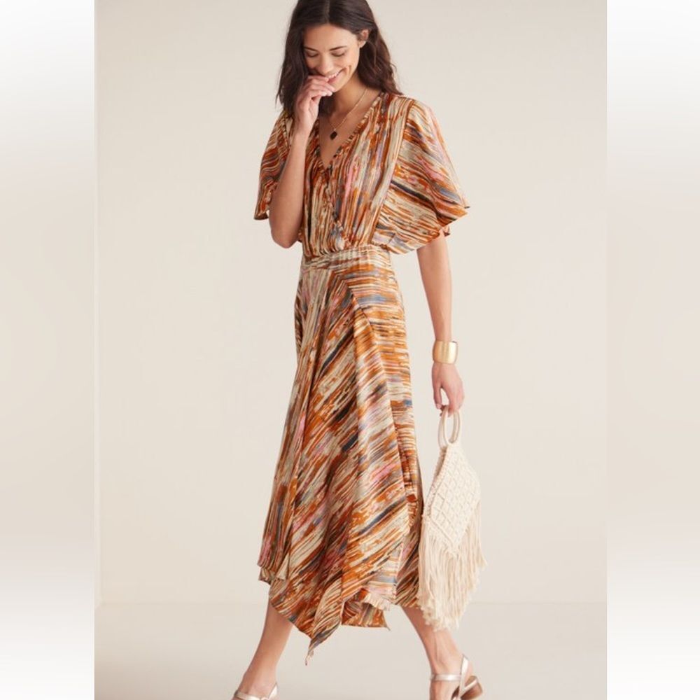 Soft Surroundings Dress Cyra Painted Stripe Print Brown Orange Size Petite PXL